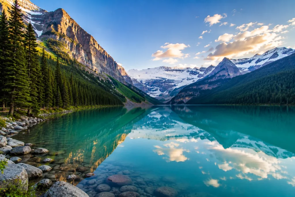 Scenic Lake Louise surrounded by the Canadian Rockies on a private tour