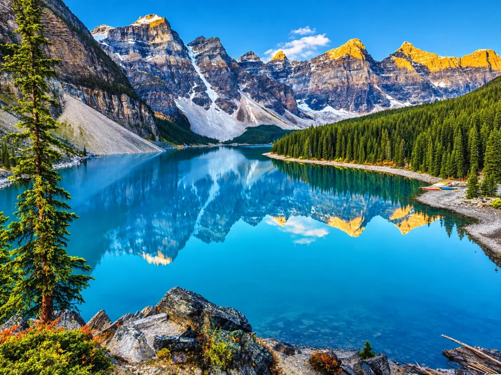 Moraine Lake at sunrise with mountains in the background on a private tour to Lake Louise
